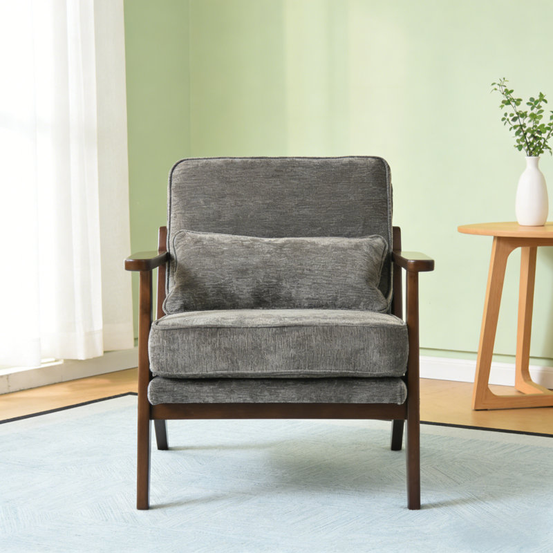 Beige Mid-century Modern Accent Chair - Fabric Upholstered Living Room Armchair With Lumbar Pillow & Straight Wood Arms, Grey