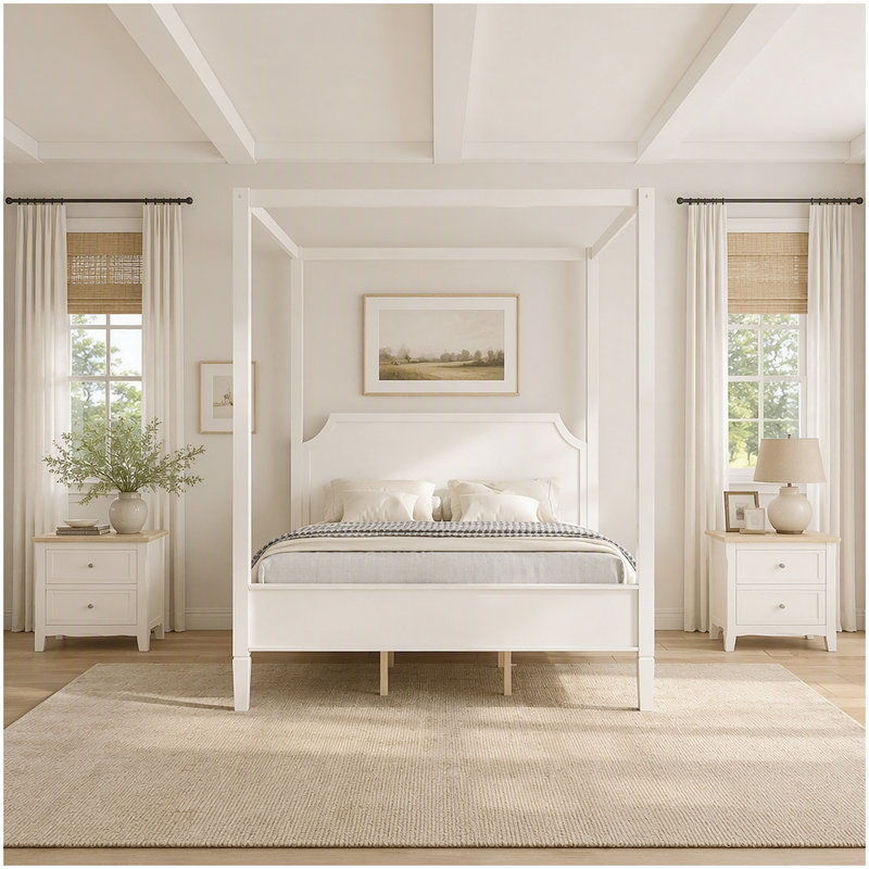 Queen Size Wooden Canopy Platform Bed with Headboard and Support Legs, Creamy White, Très grand lit