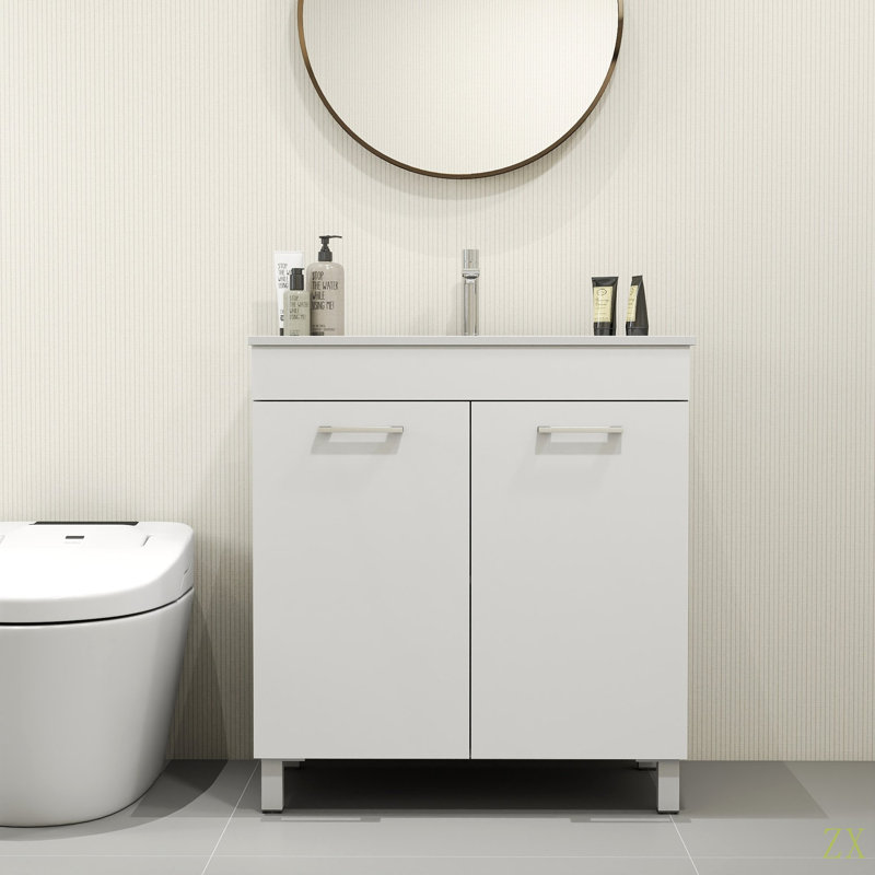 Meuble-lavabo de 32 pouces avec lavabo combiné, portes doubles avec charnières à fermeture douce, armoire de salle de bain avec tablette ajustable, poignée en métal, lavabo en céramique, pieds réglables