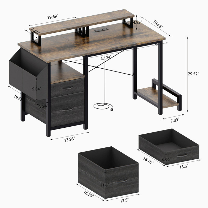 47.3"Office Desk With Power Outlet,2 Monitor Stands,2 Drawers,Side Pocket,Easy To Assemble,Frame Stability Reversible,Use For Home Desk, Computer Desk, Game Table