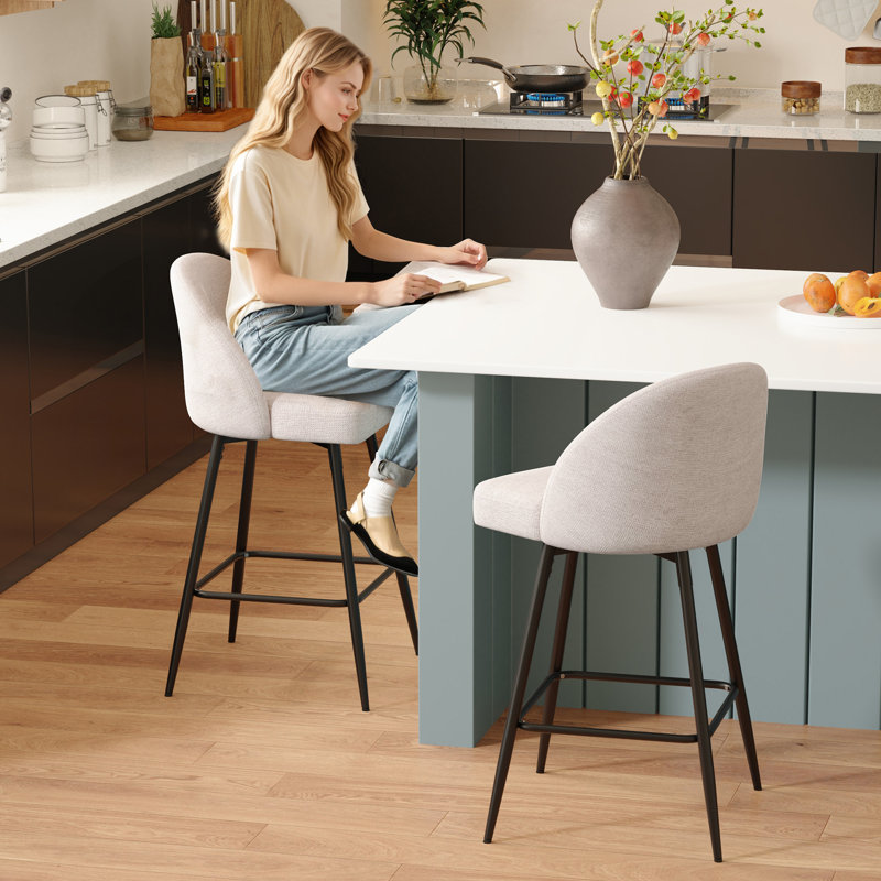 Ensemble de 2 tabourets de bar pivotants à 360°, hauteur du comptoir, avec dossier et pieds en métal - Beige, Beige