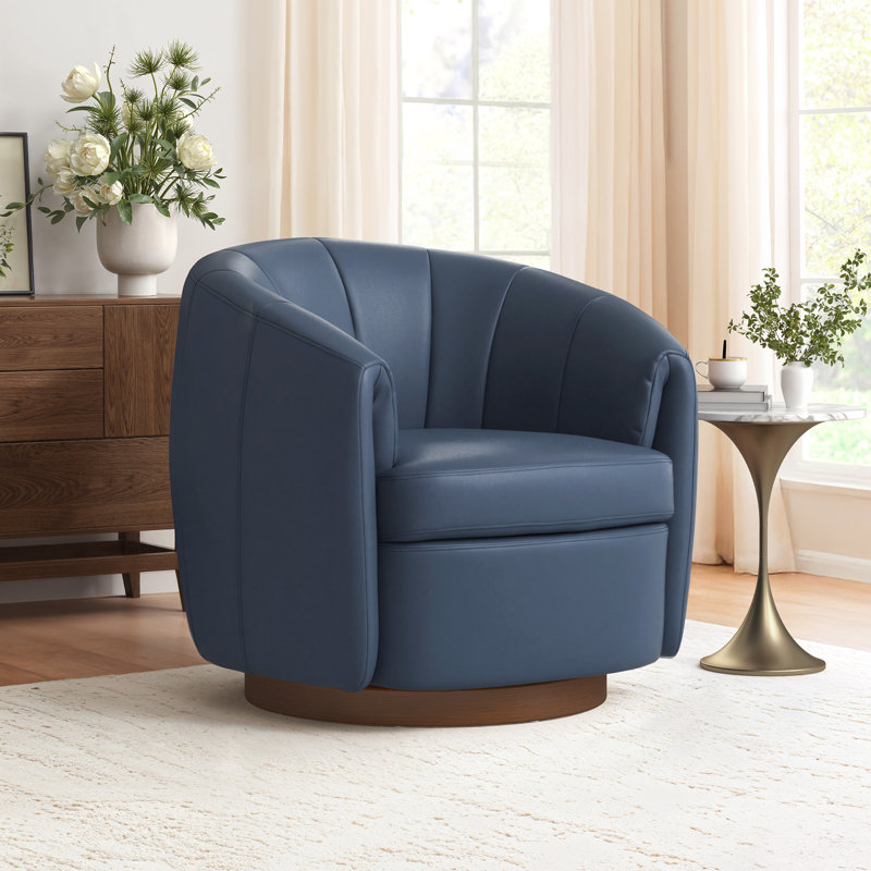 Seraphina Top Grain Leather Swivel Barrel Chair, Navy