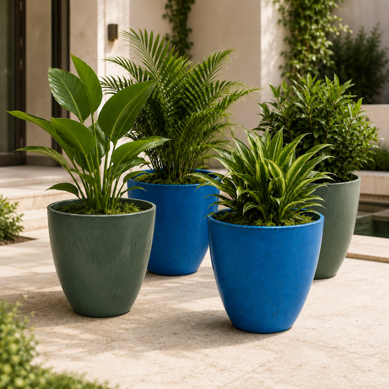 Ensemble de 4 pots à fleurs ronds effilés en résine synthétique moderne avec soucoupes et écrans de drainage, bleu foncé et vert foncé