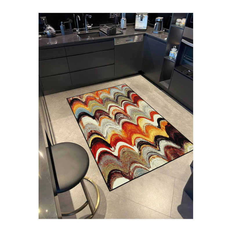 Mixed Multicolored Wavy Patterned Washable Decorative Carpet, Round 5'