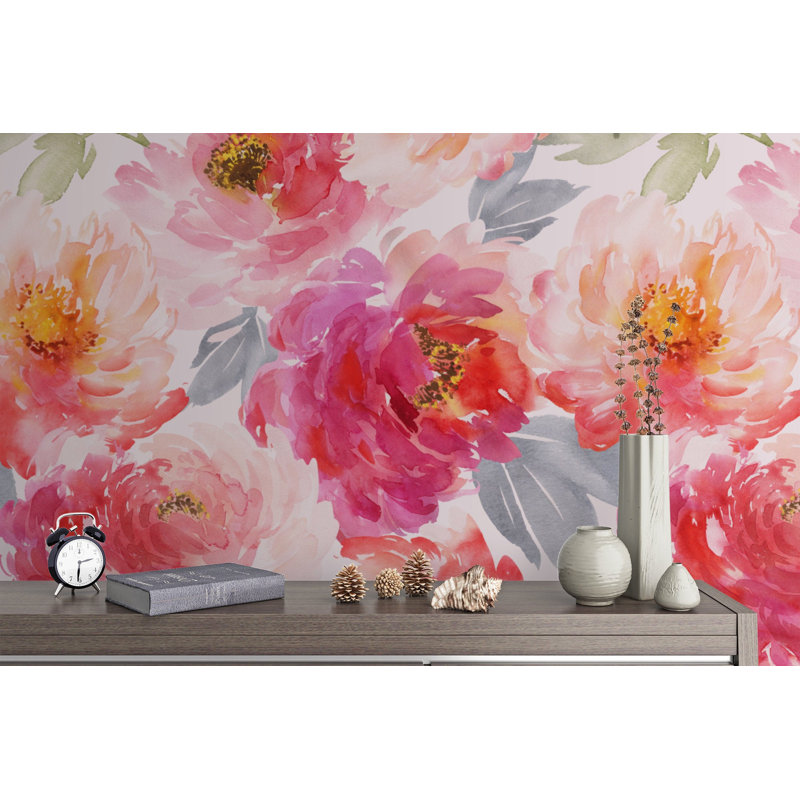 Papier peint amovible avec fleurs printanières et aquarelle, L 48,96 po x l 75 po