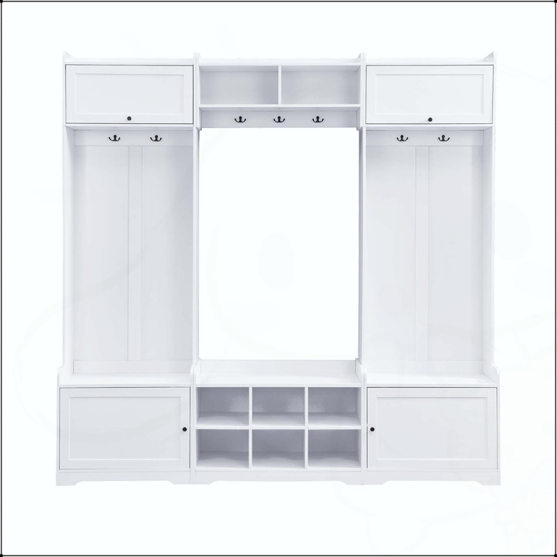 79”W Modern Hall Tree with 8 Cubbies, 7 Hooks, and Adjustable Shelf, White