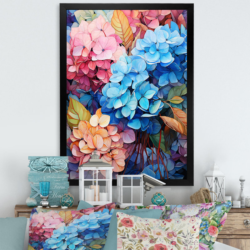 Hortensia bleue et orange II sur toile, H 32 po x l 16 po x P 1 po, Cadre photo noir
