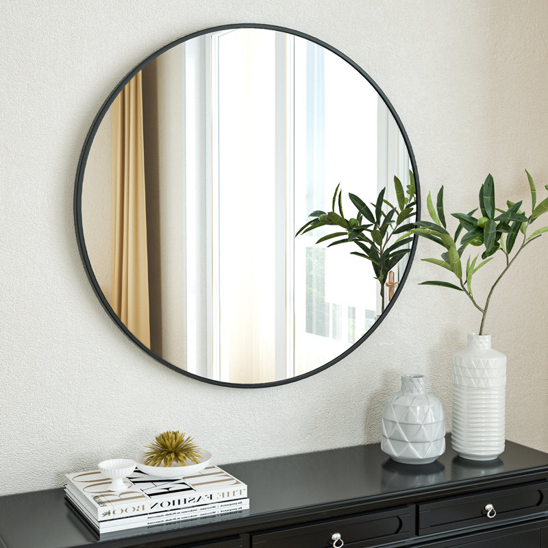 Gehard Round Metal Framed Mirror , Black, 18" x 18"