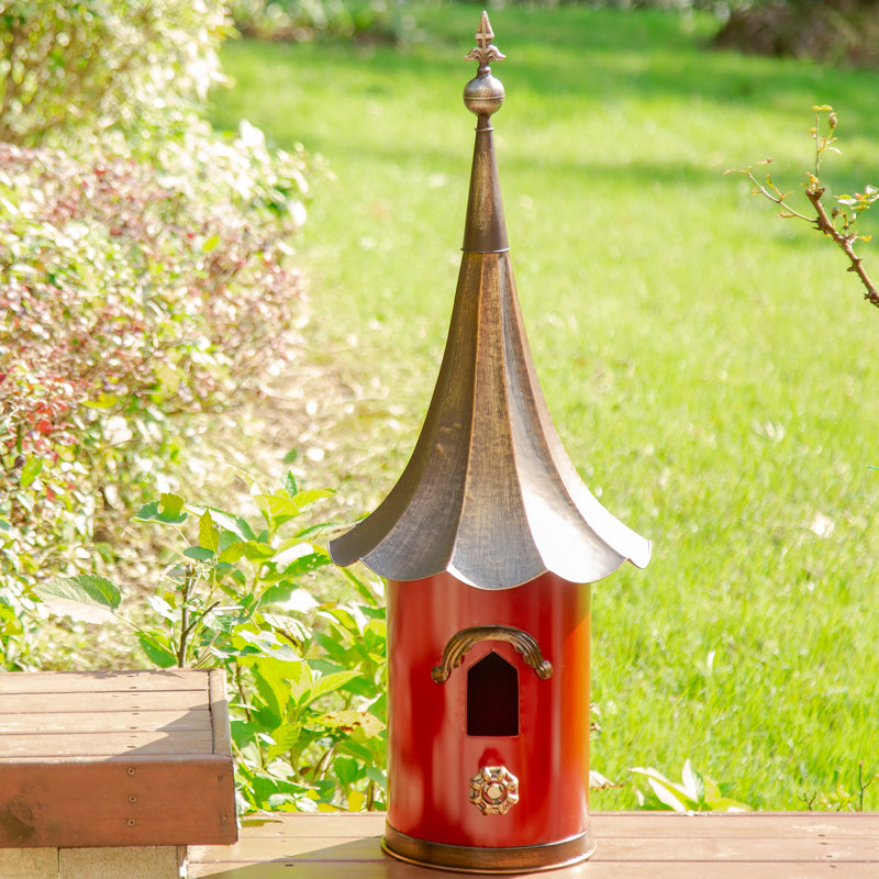 Klem Oversized Pagoda with Bronze Roof Metal Decorative Outdoor Garden Birdhouse, Retro Red/Bronze
