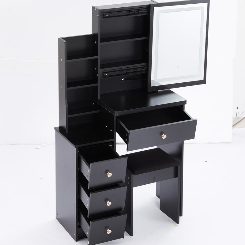 Amabella Small Size Vanity Table With Touch-Control Led Mirror, Colour & Brightness Adjustable, Cushioned Stool, , Black, Space Optimizing Concept Black Sliding Touch Adjustable Colour, For Compact Living Spaces
