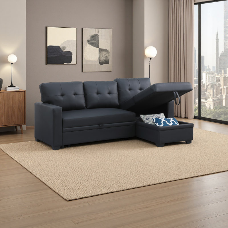 Upholstered Pull Out Sectional Sofa With Chaise, Black Faux Leather