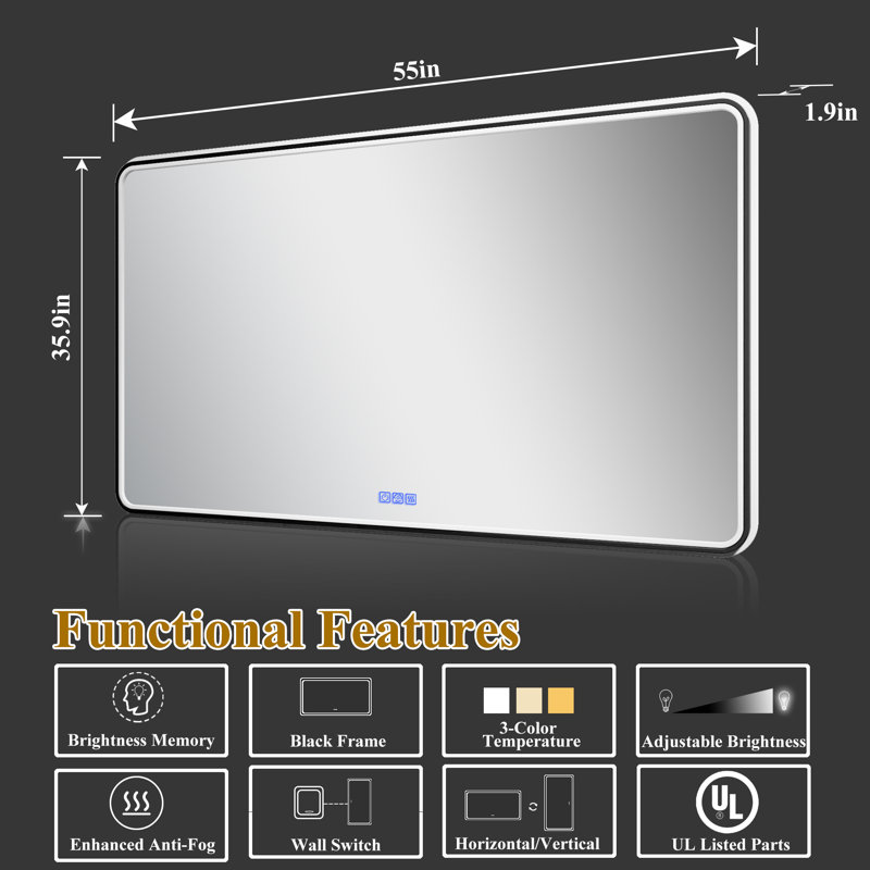 Liutza Dimmable Anti-Fog Lighted Bathroom/Vanity Mirror, Rectangle, 36" x 55"