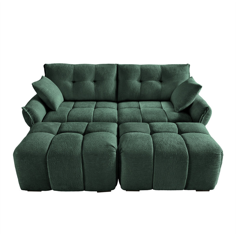 78.7" 2-Seater Sofa with 2 Ottomans, Green Chenille