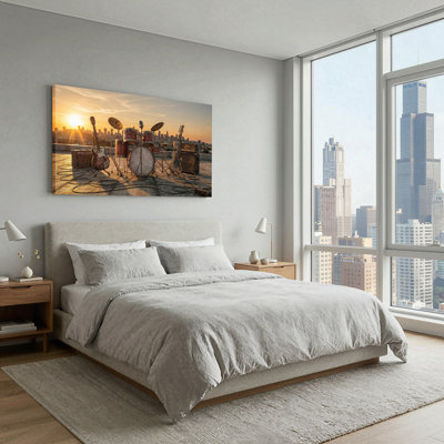 Vintage Drum Kit and Guitars on Rooftop at Sunset Canvas Wall Art