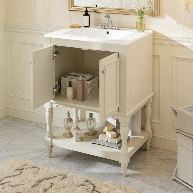 Bathroom Vanity With Ceramic Sink And Open&Closed Storage, Beige