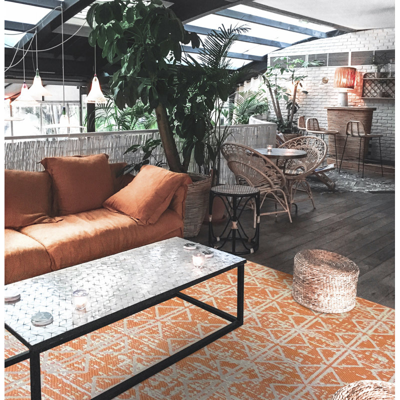 Tapis intérieur / extérieur à motif géométrique orange / beige Mersin, Rectangle 8 pi x 10 pi