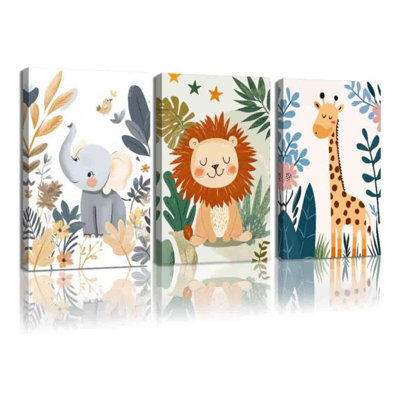 Safari Nursery Animal Canvas Wall Art 3PCS Jungle Baby Animals Poster Lion Giraffe Tiger Monkey Zebra Elephant Pictures Prints For Kid Room Decor (Green, X3)