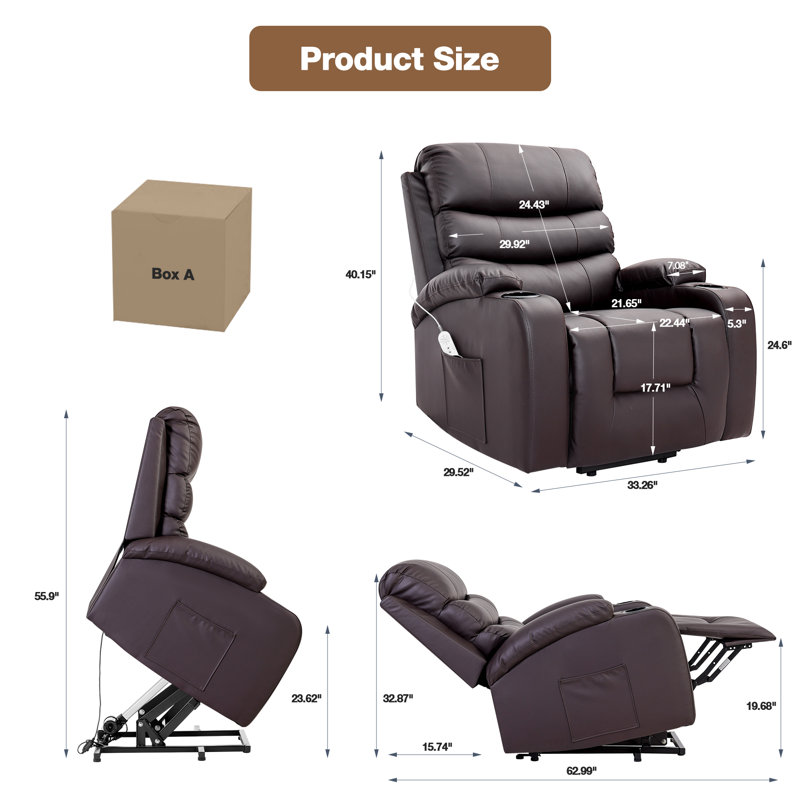 Fauteuil inclinable Power Lift avec massage et chaleur pour personnes âgées, avec 2 porte-gobelets, Microfibres brunes