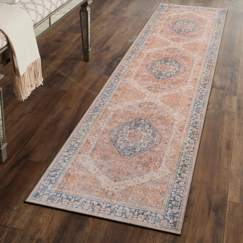 Tapis lavable à la machine à motif de médaillon rouille Valora avec envers antidérapant, Runner 2'6" x 6'