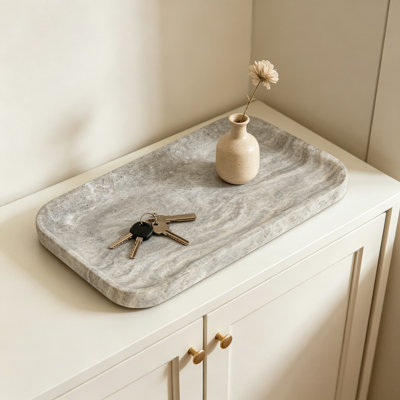 Natural Travertine Vanity Tray, Decorative Stone Organizer for Bathroom Countertop, Elegant Home Decor for Jewelry, Makeup, Candles and Dresser, Rectangle Grey 11.8 x 7.9 x 0.8 Inches