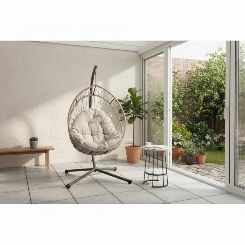 Chaise suspendue en osier avec support, hamac à bascule intérieur / extérieur, gris lin, Beige, Gris clair