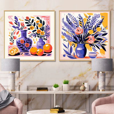 «Mauve Boho Pottery Blooms I», ensemble de 2 reproductions d'art sur toile Boho Pottery