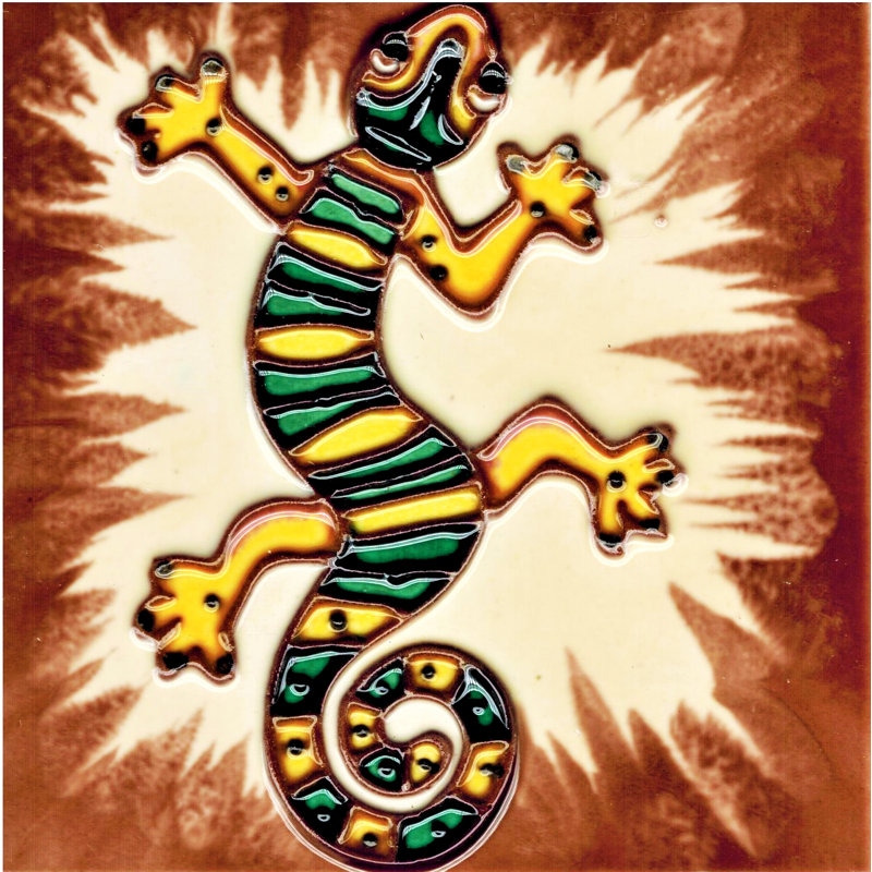 Hand Painted Glossy Ceramic Tile with Green Lizard Design