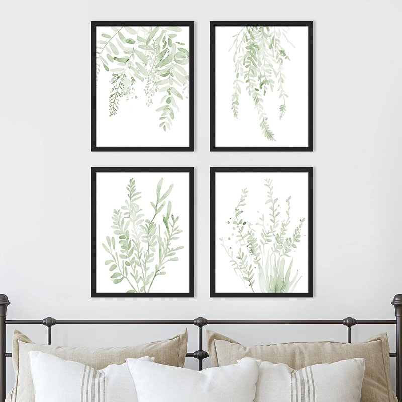 «Minimal Botanical» IDÉE4WALL, art mural variété de feuille de forêt vert pastel encadré, ensemble de 4 impressions de nature sauvage, décoration murale botanique floral pour le salon, impression encadrée de chambre à coucher, 4 pièces