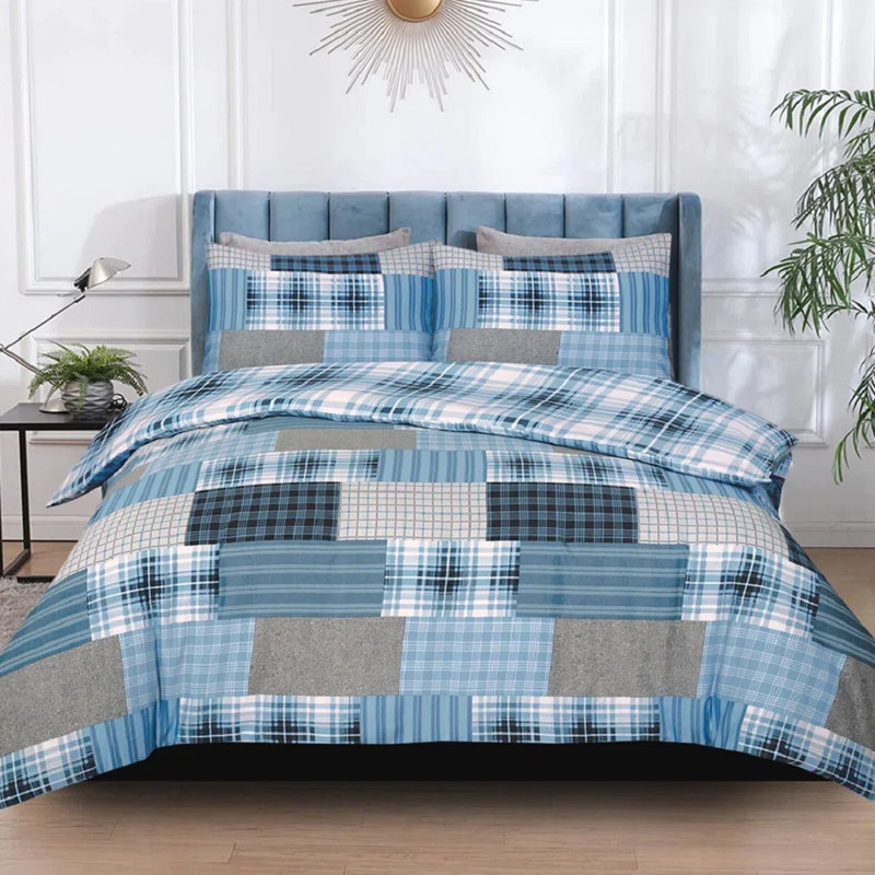 Cotton No Pattern Duvet Cover with Pillowcases Included, King Duvet Cover + 2 Standard Pillowcases, Blue Striped