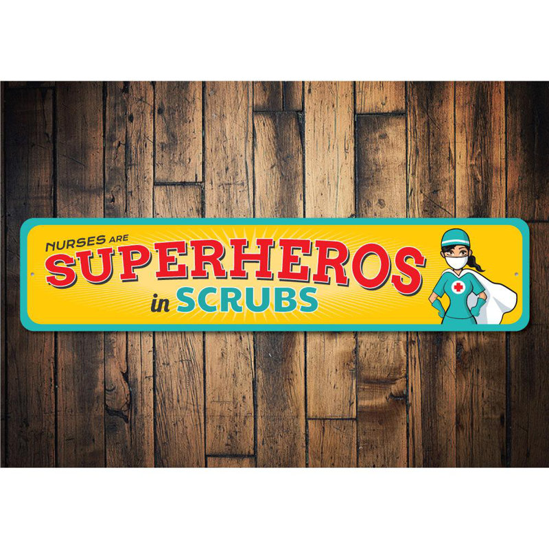 Signe en aluminium «Superheroes in Scrub», H 6 po x l 24 po x P 0,06 po