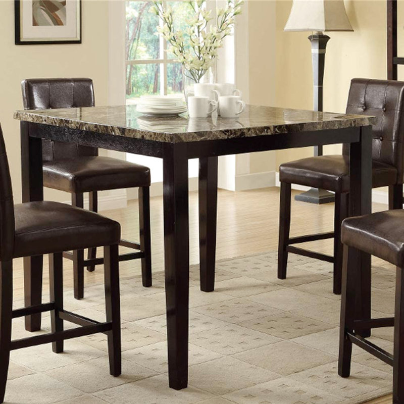 Table de salle à manger moderne carrée avec plateau en faux marbre brun foncé et bouleau plaqué