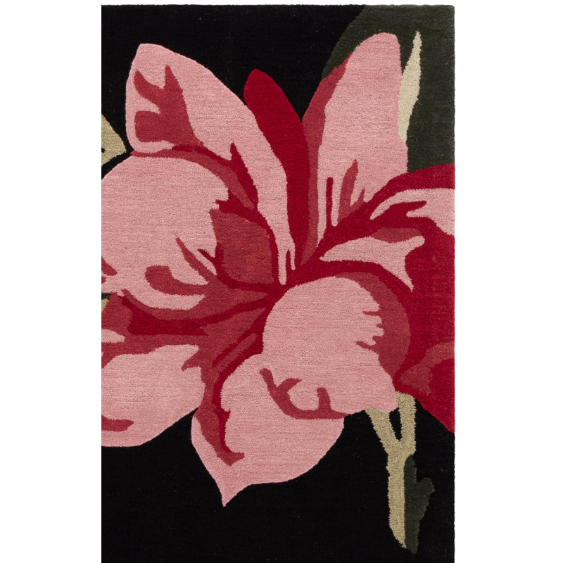 Tapis en laine / coton Kamath 403 touffeté à la main en noir / rose, Rectangle 9 pi x 12 pi