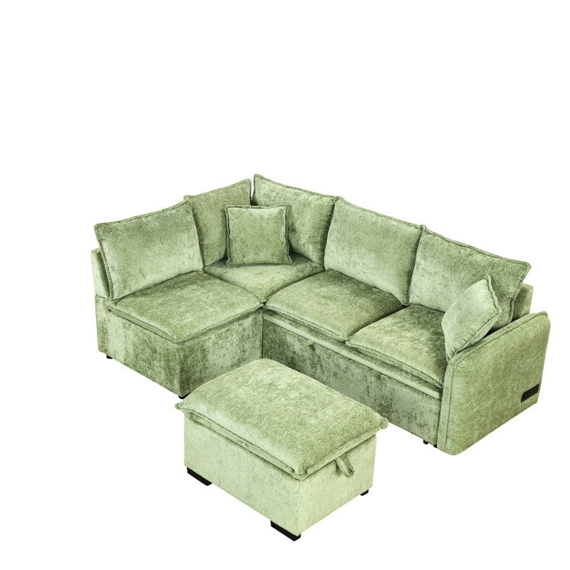 Canapé-lit modulaire de 84,81 po pour salon, rangement, coussins, hublots confortables, Chenille verte