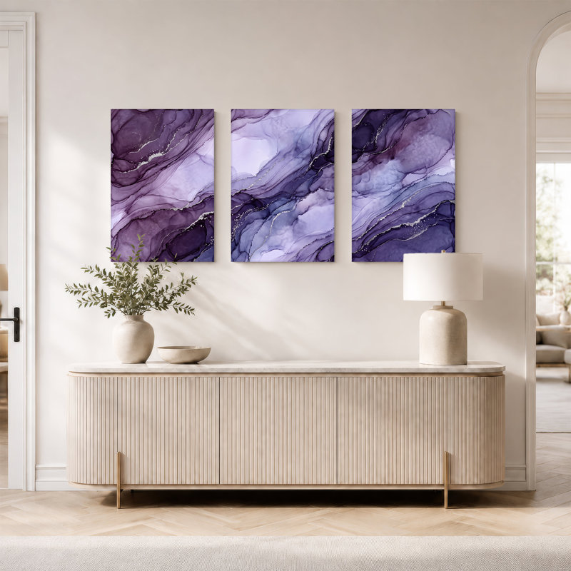 Encre mauve et argentée, ensemble abstrait de 3 toiles, H 24 po x l 16 po x 3 pièces