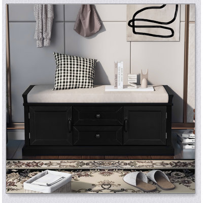 Storage Bench with 2 Drawers and 2 Cabinets, Shoe Bench with Removable Cushion