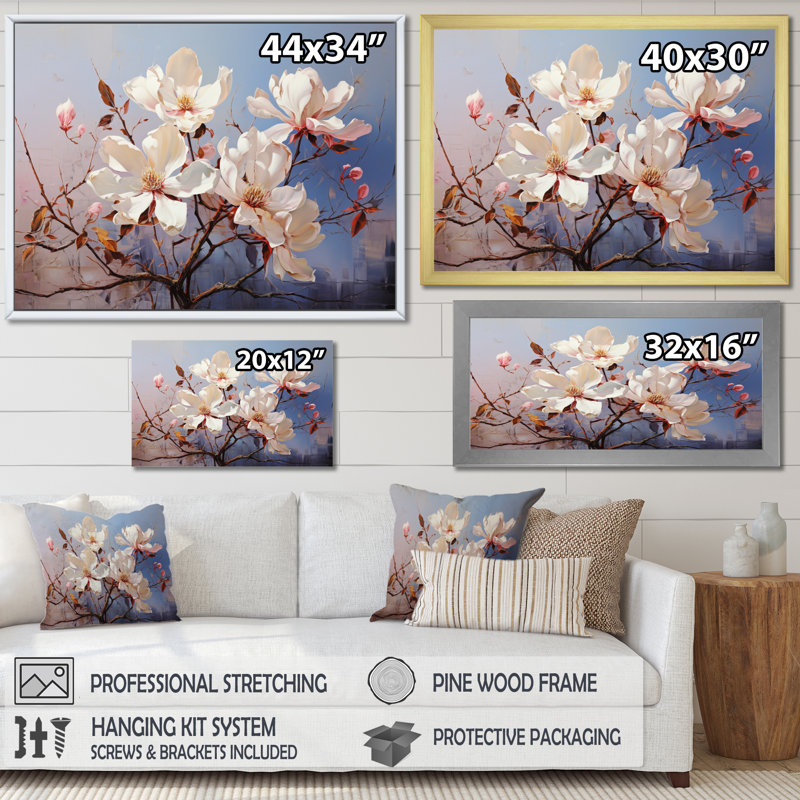 " White Blue Magnolias Romantic Impression ", Cadre flottant blanc, H 30 po x l 40 po x P 1,5 po