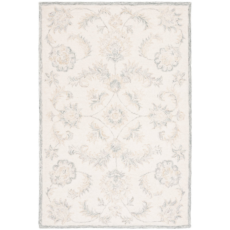 Ivory and Sage Floral Handmade Wool Tufted Area Rug, 3' x 5'