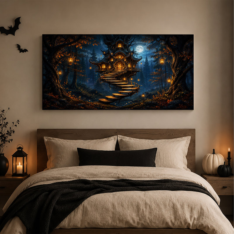 Cabane dans les arbres fantaisiste avec lanternes au clair de lune pour l'Halloween - Toile murale, L 40 po x H 20 po