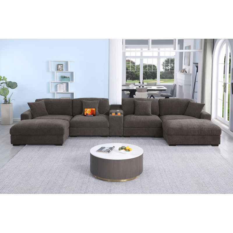 7 Piece Upholstered U-shape Sectional with Cup Holders & Charging & Storage, Dark Gray Polyester