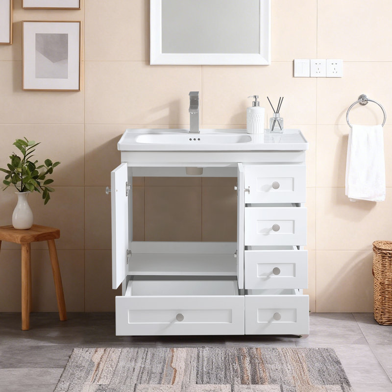 32 Inch  Modern Freestanding Single Bathroom Vanity with Ceramic Sink, Multi-Drawer Storage Cabinet for Family Bathroom