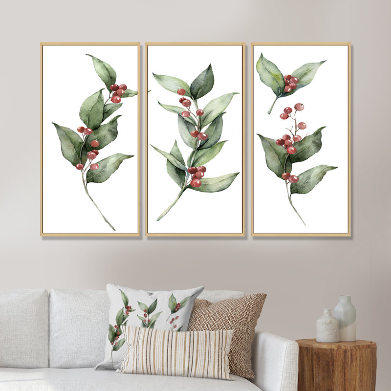Ensemble de Noël avec branches et Berrie rouge - 3 pièces, impression sur toile, H 32 po x l 48 po x P 1 po, Brun
