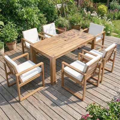 Rustic Patio Table And Chairs Set For 6 - Outdoor Dining Furniture With Umbrella Hole, Durable Wooden Frame, Cushions Included