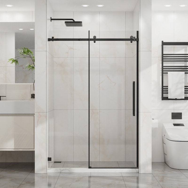 Sliding Shower Door, Frameless Sleek Glass Shower Door, 1/4" (6Mm) Thick Tempered Clear Glass With Easy-Clean Coating, Stainless Steel Hardware