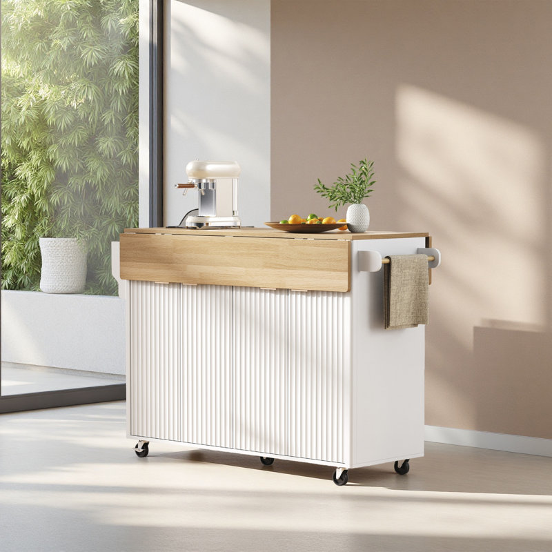 55.5" Fluted Kitchen Island With 2 Drop Leaf, Kitchen Storage Cart With Power Outlet, 4 Doors, Spice Rack, Rolling Island Table With Wood-Grain Top, Curved Edge For Kitchen, Dining Room