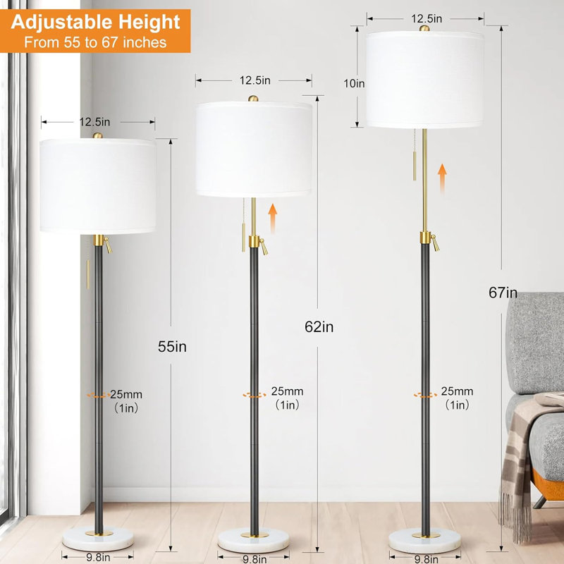 Floor Lamp For Living Room Adjustable Tall Standing Lamp, 3-Way Dimmable Floor Lamp For Bedroom Office, Black Gold Lamp With Marble Base And White Linen Shade, 6W 3000K LED Blub Included
