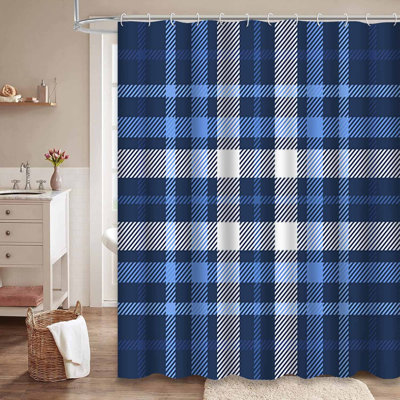Plaid Check Dark Navy White Blue Shower Curtain with 12 Hooks