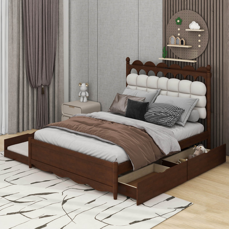 Grand lit plateforme en bois avec 2 grands tiroirs et lit gigogne simple TG, Noyer