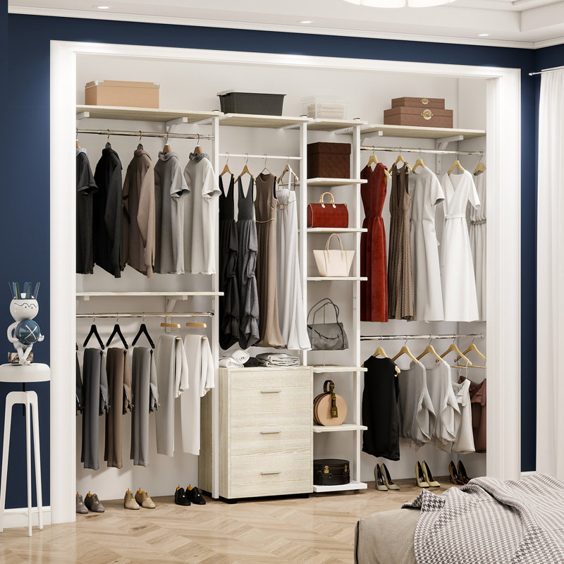 96'' Closet System with 5 Hanging Rods and 3 Wood Drawers, White Oak