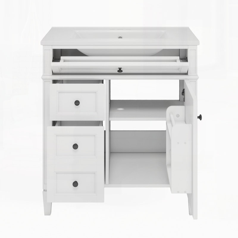 Meuble-lavabo de 30 po avec lavabo supérieur, armoire de rangement moderne avec 2 tiroirs et un tiroir basculant, Blanc/Noir