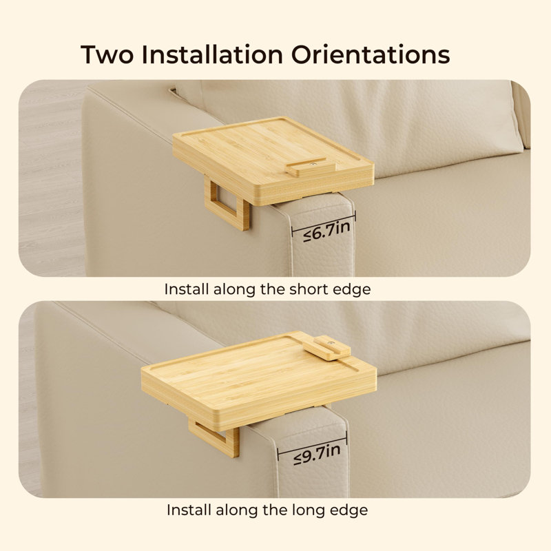 Bamboo Couch Arm Tray For Wide Couch, Sofa Arm Clip Table With Storage Box, Couch Armrest Tray With 360°Rotating Phone Holder